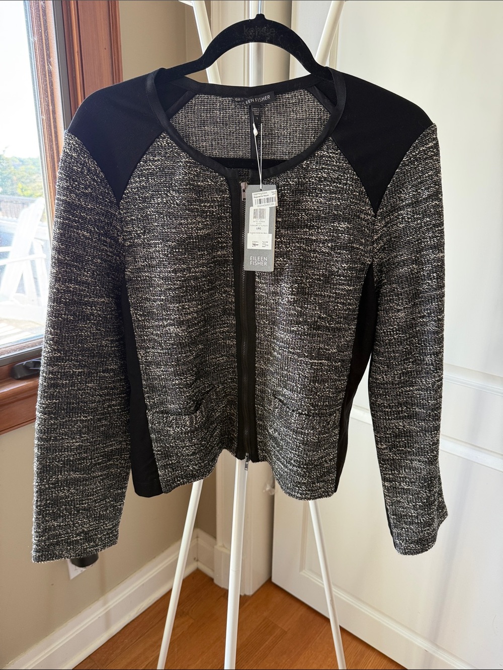 Eileen Fisher Black and Gray Zip-Front Tweed Jacket